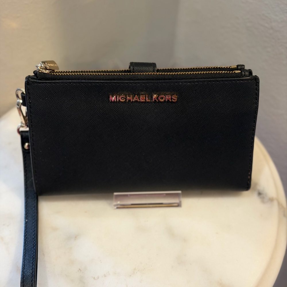 Michael Kors Black double zip Wristlet with Gold Accents